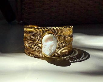 Oversized Gold Pearl Cuff, Freshwater Pearl Large Bracelet, Bold Chunky Stacking Bracelet, Wide Thick Bangle, Statement Jewelry for Women