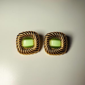 Big Green Retro Square Earrings, Large Statement Earring, Oversized Chunky Earrings, Statement Jewelry for Her, Large Gold Studs for Her