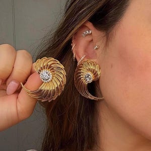 Gold Fan Earrings, Oversized Irregular Drop Studs, Large Nautilus Earrings, Statement Earrings, Big Chunky Bold Earring, Unique Gift for Her
