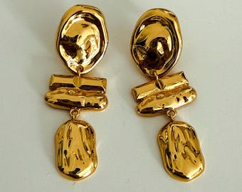 Hammered Gold Drop Earrings, Irregular Dangle Earrings, Chunky Statement Earrings, Oversized Earrings, Statement Jewelry for Women, Gifts