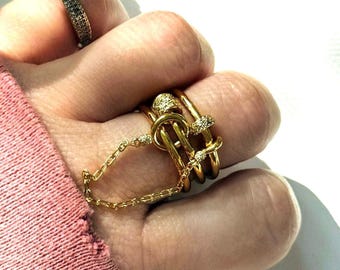Multi-Layer Link Ring, Gold Stacking Chain Ring, Three Layer Diamond Ring, Statement Ring for Women, Connected Thin Delicate Band