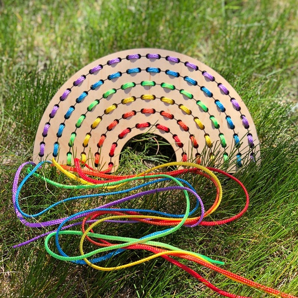 Wooden Rainbow Lacing Board with 6 Colored Laces  - Toddler Toy Wood - Montessori Learning - Free Learning - STEM - Waldorf - Kids Sewing