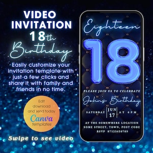 Digital Blue Balloon 18th Birthday Invitation, Editable 18 Party Evite, Animated Eighteenth Blue Party Video Template, Glam Neon Blue Invite