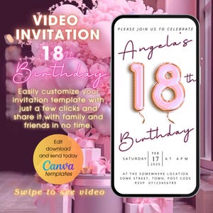 Digital Pink 18th Birthday Invitation, 18 Birthday Party Invite, Editable 18th Party Evite, Animated Eighteenth Pink Balloon Video Template