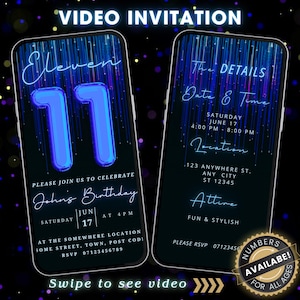 Animated 11th Birthday Party Neon Blue Invitation, Digital Blue Balloon 11 Birthday Invite Template Boys Girls, Editable Eleven Evite Video