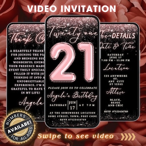 Digital Womens 21st Birthday Video Invitation Template, Editable Pink & Gold Birthday Invite,  Animated Black Pink Ballon Party Brunch Evite