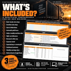 May include: A digital spreadsheet tool for UK HGV drivers featuring three core sheets: setup, pay log, and dashboard. The interface displays columns for shift times, hourly rates, overtime, and earnings. It is compatible with Excel and Google Sheets.