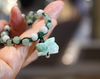 Jade Rabbit Bracelet, Genuine Burma Jade Handknotted Adjustable, Friendship Bracelet, Birthday Gift, Birth Animals