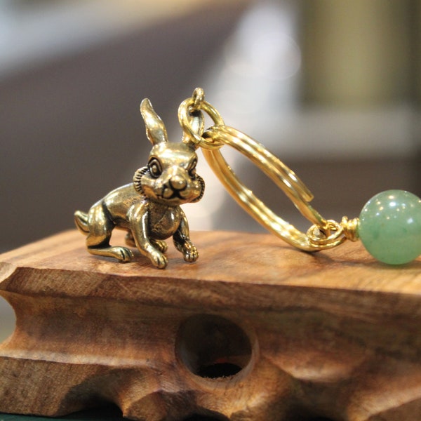 2023 Rabbit Year, Brass Rabbit Key Chain, Key Ring, Key Holder, Green Aventurine Jade Gems Charm, Birthday Gift, Birth Animals, Gift for Him