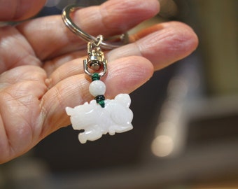 Jade Dragon Key Chain, Key Ring, Key Holder, Translucent Pale White Jade, Birthday Gift, Birth Animals, Gift For Him, Gift For Dad