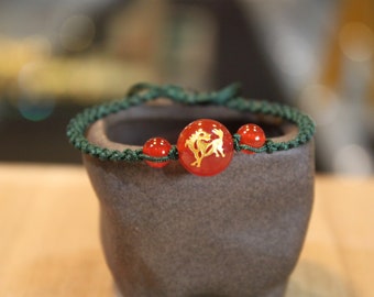 Red Agate Carved Horse Round Bead Bracelet, Handknotted Thread Bracelet, Birth Animals, Chinese Zodiac, Birthday Gift