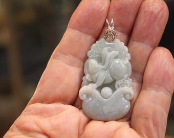 Jade Rabbit Pendant, Beautifully Carved, Sterling Silver Wire Handwrapped Pendant, Birth Animals, Chinese Zodiac