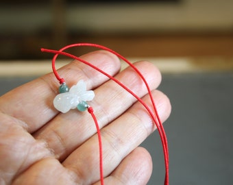 Dainty Red Cord Bracelet/ Anklet, Jadeite Jade Rat, Translucent Pale White Jade, Minimalist Thread Bracelet