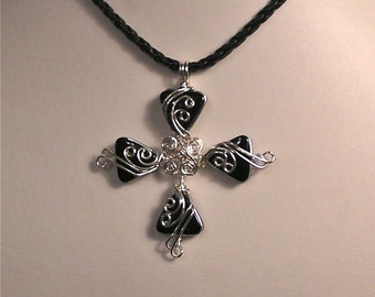 Black Onyx ... Silver Wire Cross Pendant