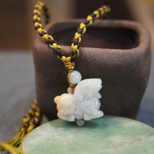 Jade Sheep Necklace, Light Yellow Pale White Jade, Adjustable Thread Necklace, Birth Animals, Chinese Zodiac, Birthday Gift