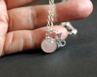 Silver Initials Soft Pink Rose Quartz Gems Silver Pendant Necklace, Personalized Jewelry, Birthday Gift, Bridesmaid Gift