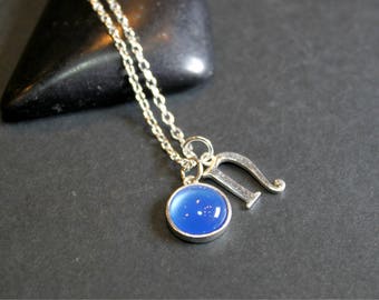 Silver Initials Blue Agate Gems Silver Pendant Necklace, Personalized Jewelry, Birthday Gift, Bridesmaid Gift