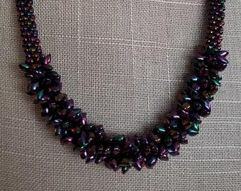 Kumihimo Necklace and Bracelet Set, Beaded, Braided, Spiky Magatama Focal, Purple 454
