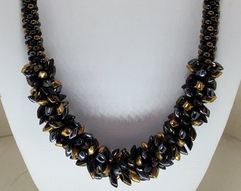 Kumihimo Necklace and Bracelet Set, Beaded, Braided, Spiky Magatama Focal, black, gold, brown, gunmetal