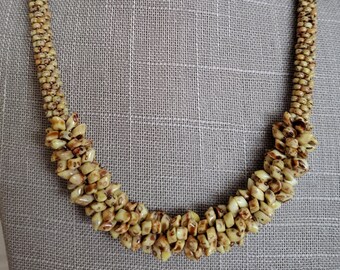 Kumihimo Necklace and Bracelet Set, Beaded, Braided, Spiky Magatama Focal, Tan Picasso