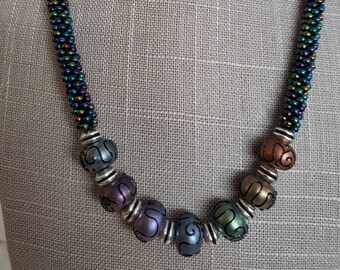 Kumihimo Necklace and Bracelet Set, Beaded, Braided, Lampwork Focal, Multi 455