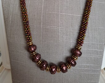 Kumihimo Necklace and Bracelet Set, Beaded, Braided, Lampwork Focal, Gold 462