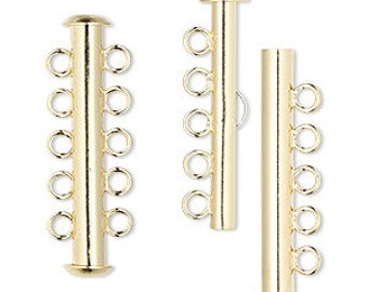 Clasp, 5-strand slide lock, gold-plated brass, 31x6mm tube, 5 pack