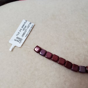 2 hole tile beads, czech, ruby vega