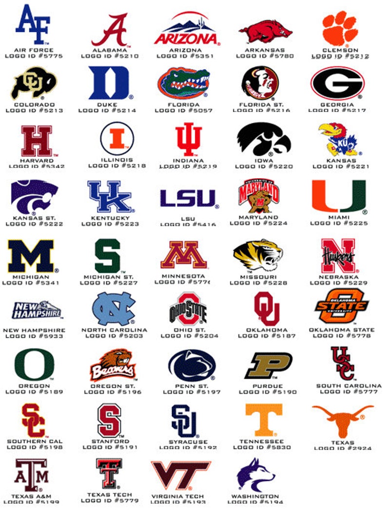 May include: A collage of logos for various college sports teams. The logos are arranged in a grid pattern and feature a variety of colors and designs. Each logo includes the team's name and a unique logo ID number.