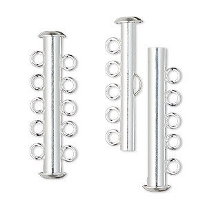 Clasp, 5-strand slide lock, silver-plated brass, 31x6mm tube