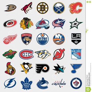 May include: A collection of 30 NHL team logos, including the Boston Bruins, Carolina Hurricanes, Colorado Avalanche, and more. The logos are arranged in a grid pattern on a white background.