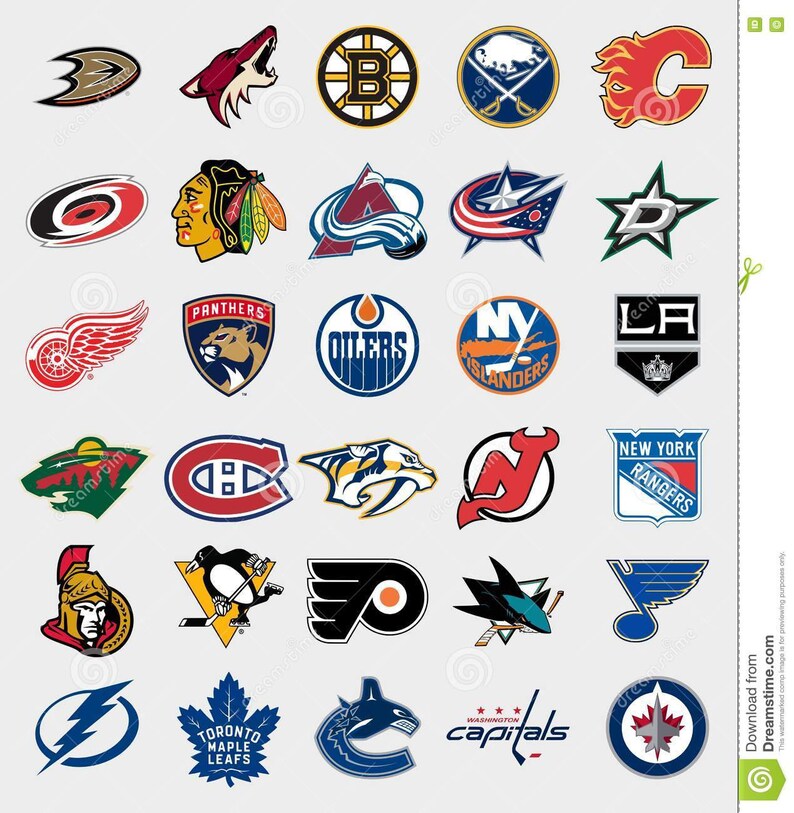 May include: A collection of 30 NHL team logos, including the Boston Bruins, Carolina Hurricanes, Colorado Avalanche, and more. The logos are arranged in a grid pattern on a white background.