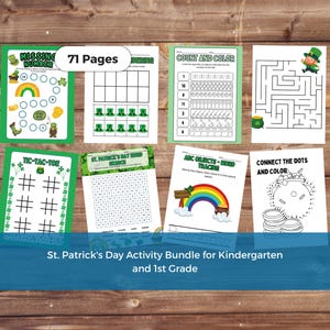 May include: A St. Patrick's Day activity bundle for kindergarten and 1st grade. The bundle includes 71 pages of educational games and activities, such as mazes, counting, and word searches. The pages feature St. Patrick's Day themed graphics.