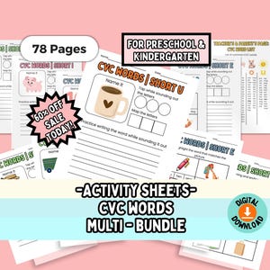 May include: A bundle of activity sheets for preschool and kindergarten. The sheets include CVC word practice, with illustrations and writing prompts. The bundle is labeled "CVC Words Multi-Bundle" and includes 78 pages. A digital download.