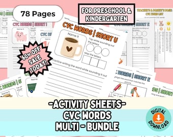 CVC Words Worksheets for Kindergarten, 78 Decodable Phonics Pages K-1