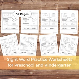 May include: A collection of sight word practice worksheets for preschool and kindergarten. The worksheets feature fill-in-the-blank sentences with words like "and", "can", "for", "is", "my", "the", and "you". The text "52 Pages" is visible.