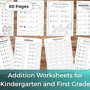 Pode incluir: Folhas de exercícios de adição para alunos da pré-escola e da primeira série. As folhas de exercícios apresentam problemas de matemática com somas e parcelas ausentes. A imagem inclui o texto "80 páginas" e "Addition Worksheets for Kindergarten and First Grade".