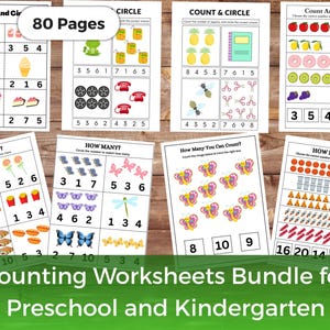 以下が含まれることがあります： 幼稚園と幼稚園向けのカウントワークシートのバンドル。 ワークシートには、カップケーキ、アイスクリーム、蝶など、さまざまなオブジェクトのカラフルなイラストが掲載されています。 「80 Pages」というテキストが表示されます。 画像の下部には「Counting Worksheets Bundle for Preschool and Kindergarten」と書かれています。