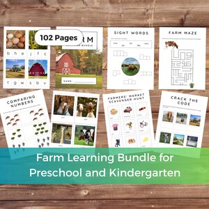 May include: A collection of educational worksheets for preschool and kindergarten. The bundle includes pages with farm-themed activities, such as sight words, mazes, and number comparisons. The title "Farm Learning Bundle" is displayed on a green banner.