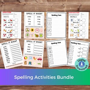 Può includere: Un pacchetto di fogli di attività di ortografia e matematica per bambini. I fogli includono esercizi di addizione, sottrazione e ortografia con illustrazioni colorate. Il titolo "Spelling Activities Bundle" è visualizzato in basso, con un badge "Download digitale".