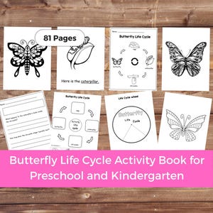 Könnte beinhalten: Ein Schmetterling-Lebenszyklus-Aktivitätsbuch für Vorschule und Kindergarten mit 81 Seiten. Es enthält Schwarz-Weiß-Illustrationen von Schmetterlingen und ihren Entwicklungsstadien. Der Titel ist in rosa Schrift gehalten.