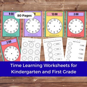 May include: Educational time learning worksheets for kindergarten and first grade. The image shows clock faces with times 9:00, 12:00, and 2:00. The text "80 Pages" is visible. Additional worksheets include "What time is it?" and "Match the Time."
