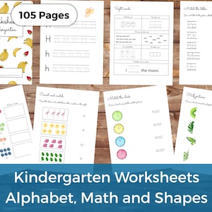 Paquete de hojas de trabajo para jardín de infantes, 105 páginas de actividades sobre el alfabeto, matemáticas y formas.