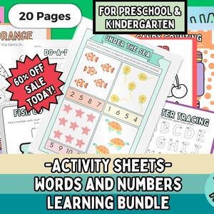May include: A bundle of colorful activity sheets for preschool and kindergarten. The sheets include counting, tracing, and coloring exercises. The image features the text "60% OFF SALE TODAY!" and "ACTIVITY SHEETS - WORDS AND NUMBERS LEARNING BUNDLE".