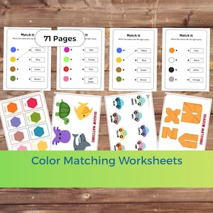 Puede incluir: Hojas de trabajo de combinación de colores con el texto "Match It" y "Color Matching Worksheets". Las hojas de trabajo incluyen ejercicios de combinación de colores con formas, animales y coches. La imagen muestra 71 páginas.