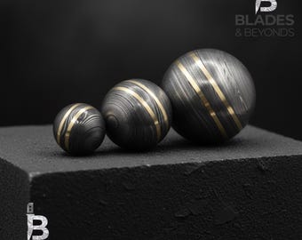 Handmade Damascus Steel Ball with Brass Inlay | Custom Engraved Metal Sphere | Unique Desk Decor Paperweight | Personalized Gift