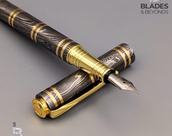 真鍮インレイ付きハンドメイドダマスカス鋼万年筆：エグゼクティブ筆記具