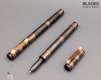 Handmade Damascus Steel Pen with Copper Accents | Luxury Executive Writing Instrument |Free Wooden Gift Box & Extra Refill | Collectable Pen