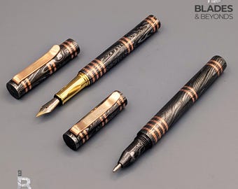 Handmade Damascus Steel Pen Set with Copper Accents | Luxury Executive Writing Instrument Custom Engraved Box | Personalized Collectable Pen