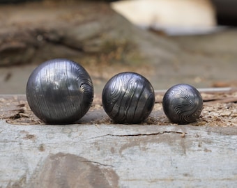 Hand-Forged Damascus Steel Ball: Artisan Desk Decor, Paperweight